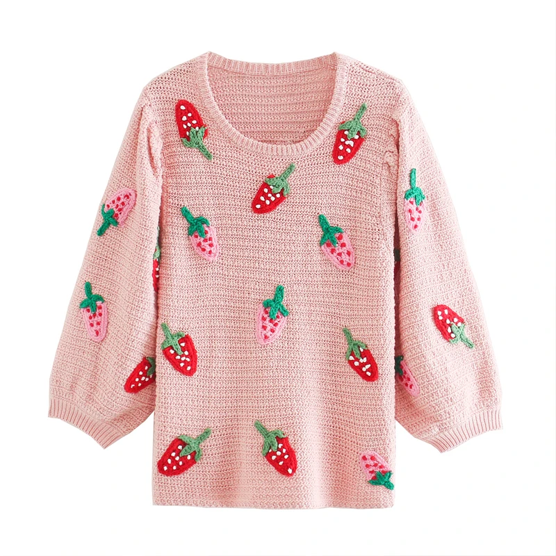 Милые женские свитера с круглым вырезом Осенние вязаные топы вышивкой клубники