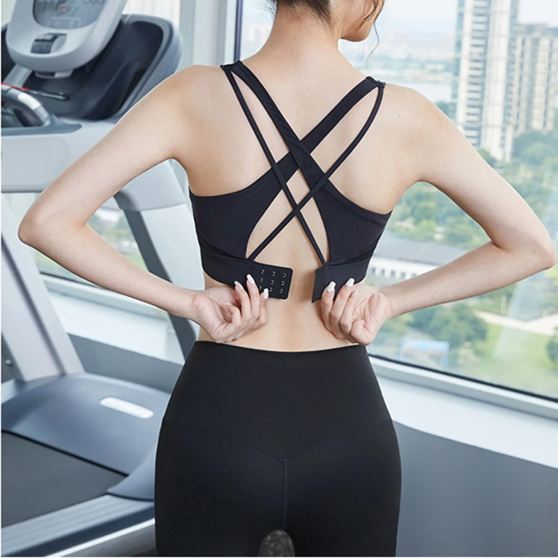 Women Cross Strap Sports Bra Nylon Yoga Gym Crop Top Brassiere Female Sexy Push Up Sport Bra Fitness Top Sport Breathable Bras