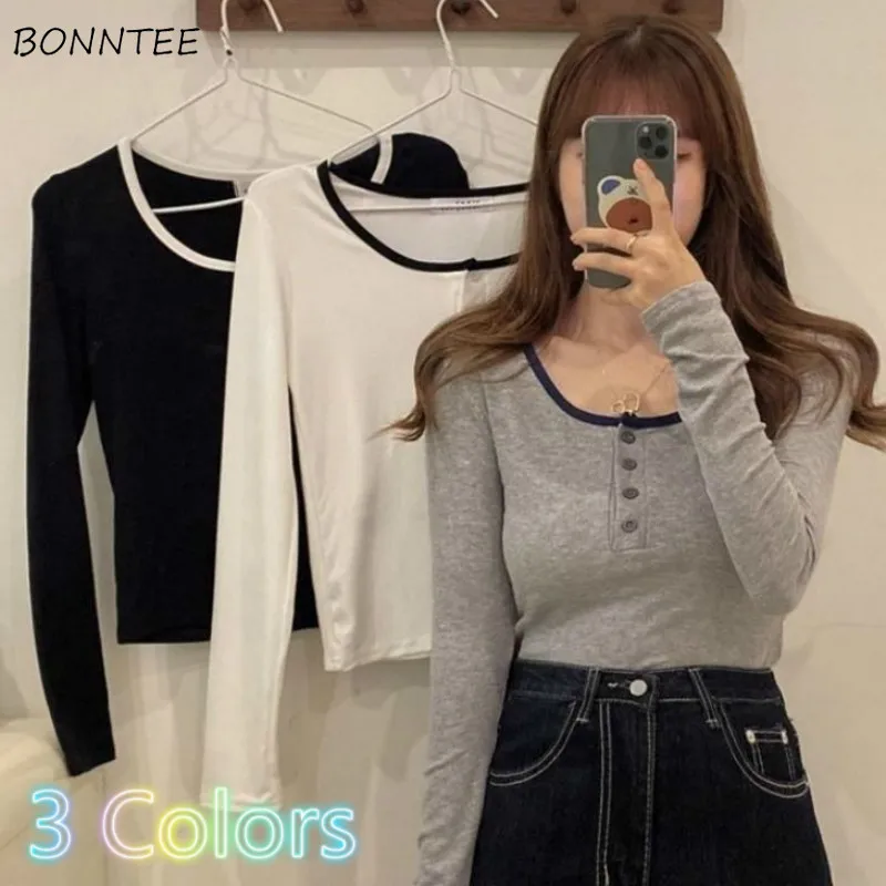 

Футболка женская базовая с длинным рукавом, эластичная простая элегантная повседневная Базовая рубашка в стиле пэчворк, с круглым вырезом, ...