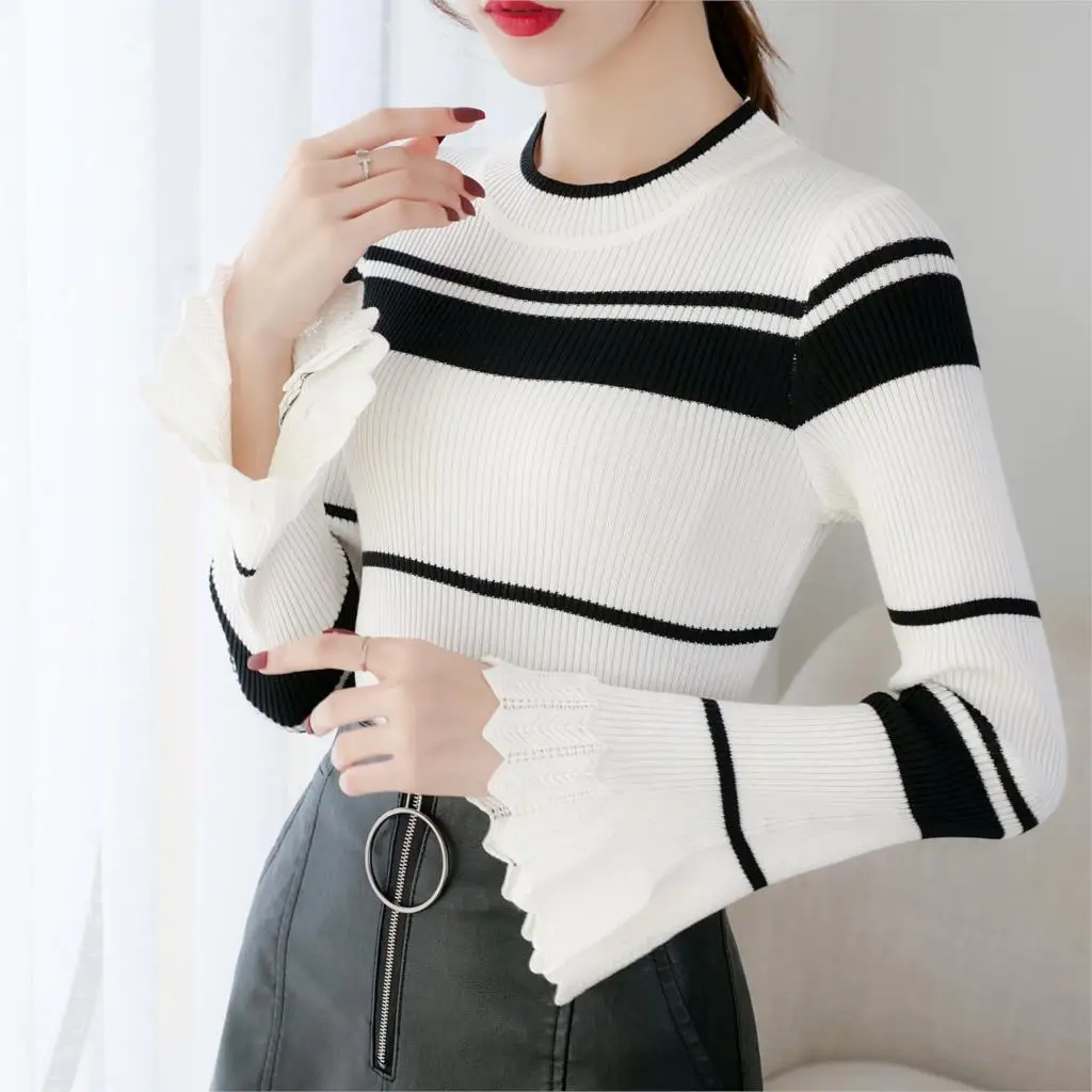 

Women knitted cotton Sweater Autumn and Winter New Bell sleeve Turtleneck shirt Pullover Warm Soft Full Sleeve Knit sweater