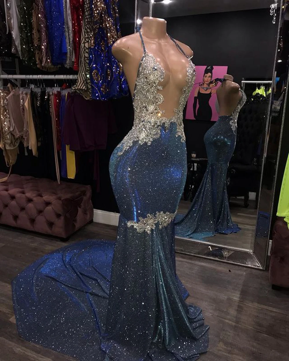 Fitted Long Sexy Prom Dresses 2022 Sheer Top Beaded Lace Sparkly Navy Blue African Black Girls Real Picture Prom Gala Gowns