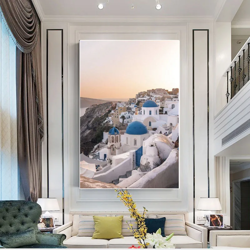 

Greece Painting Handpainted Oil Painting on Canvas Santorini Scenery Blue Roof House Mediterranean Home Decor