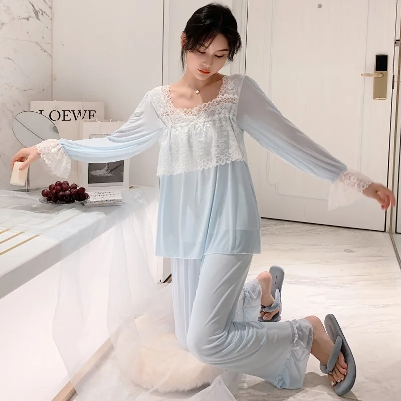 

Two Piece Korean Pajama Set Lolita Kawaii Pyjama Mesh Modal Lace Princess Sleepwear Sexy Lingerie Soft Cute Pjs Loungewear 2020