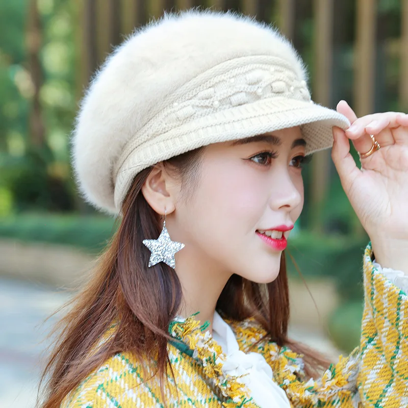 Женская зимняя шапка из кроличьего меха вязаные береты шапки жемчужные бусины