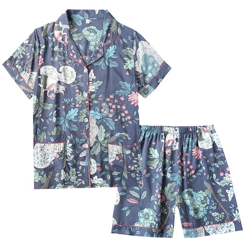 Summer Thin Cotton Pajamas Set Women Floral Printed Short Sleeve Two Pieces Home Suit Female Sleepwear Plus Size Casual Homewear
