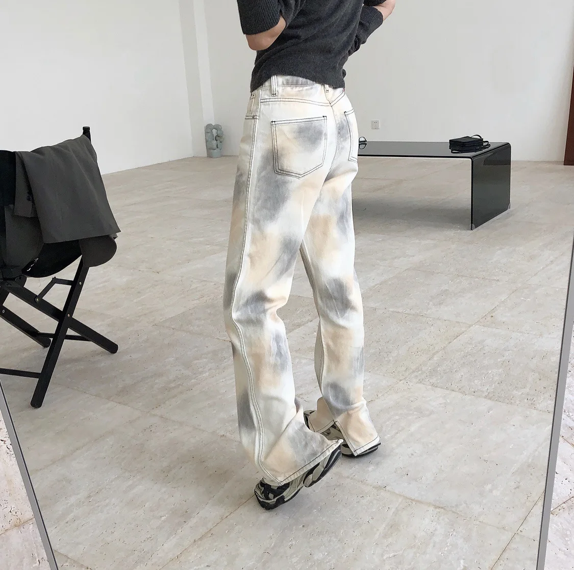 

Autumn New Korea Ins Retro Fashionable Gradient Tie Dye High Waist Straight Tube Wide Leg Jeans Loose And Slim Trousers