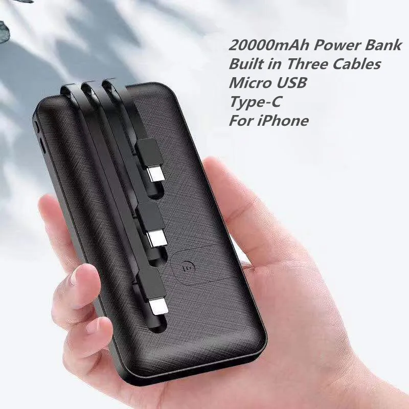 Новый 20000 мАч Внешний аккумулятор встроенный 3 кабеля для iPhone 8 X Samsung Xiaomi 2.1A