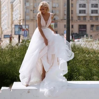 herburnl elegant wedding dresses sexy backless tulle long ivory a line v neck beading sleeveless bridal gowns for women