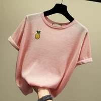 summer short sleeve fashion o collar embroidered pineapple sweater bottoming shirt womens loose thin pullover