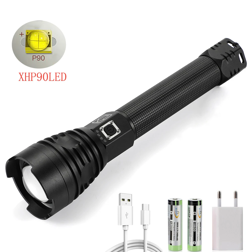 Мощный Алюминиевый светодиодный фонарик XHP90 фонарь с аккумулятором и зумом