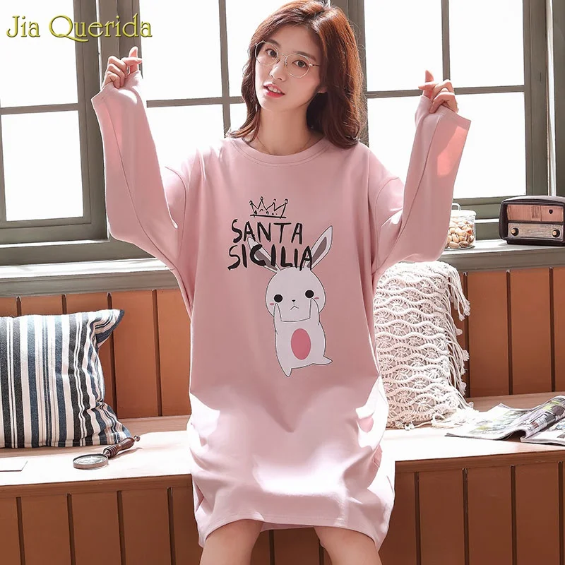 Женское нижнее белье большого размера, Ночная одежда для сна с длинными рукавами, розовая ночная хлопковая одежда с рисунком милого кролика, одежда для сна для девочек-студенток