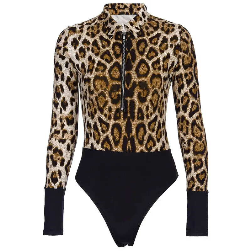 

Women's Long Sleeve Turn-down Collar Leopard Printing Zipper Sexy Bodysuit Leotard Tops Blouse Jumpsuit Patchwork Rompers Casual