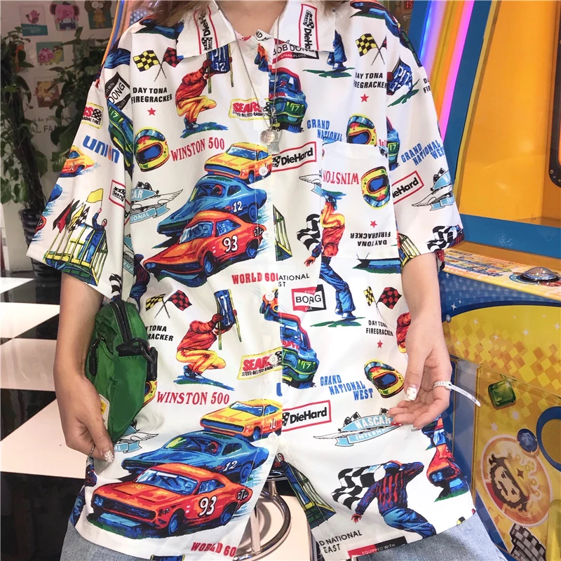 Винтажная рубашка с аниме принтом автомобиля Женская мультяшная в стиле