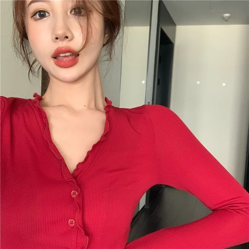 

Cardigan Women 2021 Knitwear College Teens Sweet All-match Lovely Girls Korean Style Sweater V-Neck Solid Ruched Single Breasted