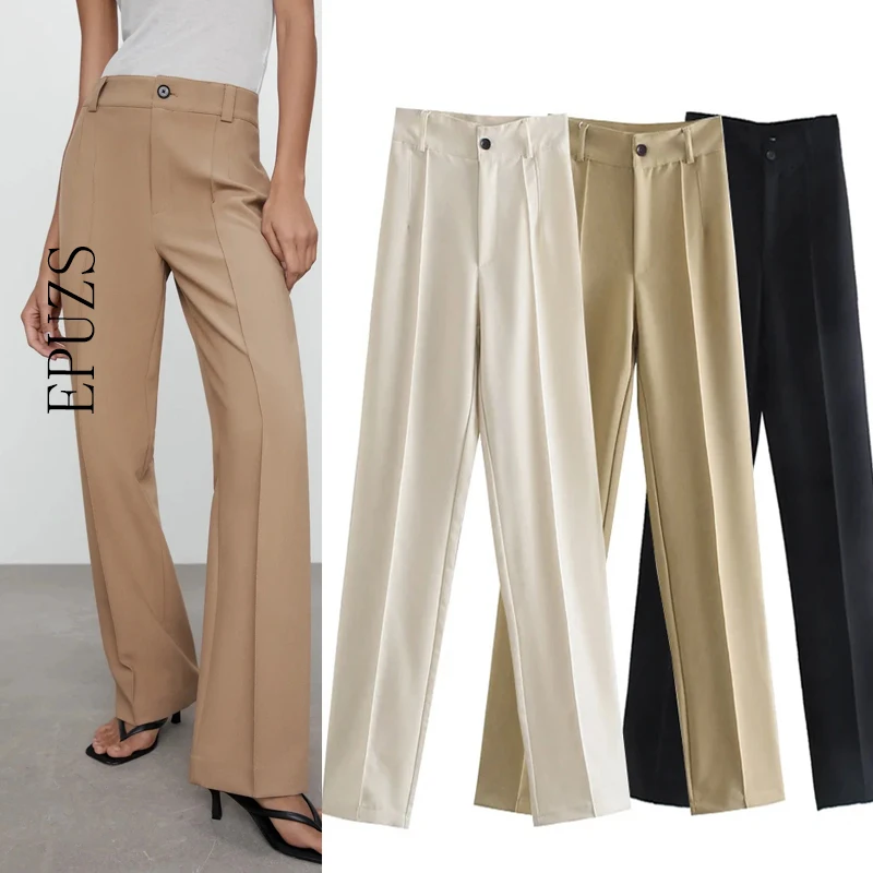 Женские прямые брюки винтажные офисные черного и цвета хаки свободного покроя с