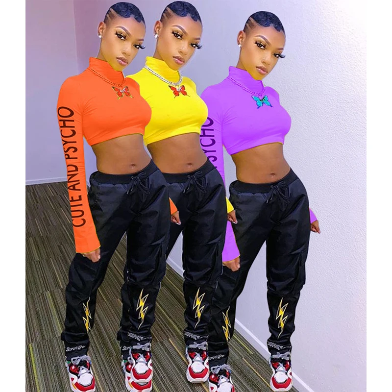 

ZKYZWX New Popular Letter Print T Shirt for Women Fall Winter Sexy Full Sleeve Turtleneck Pullover Streetwear Fitness Crop Top