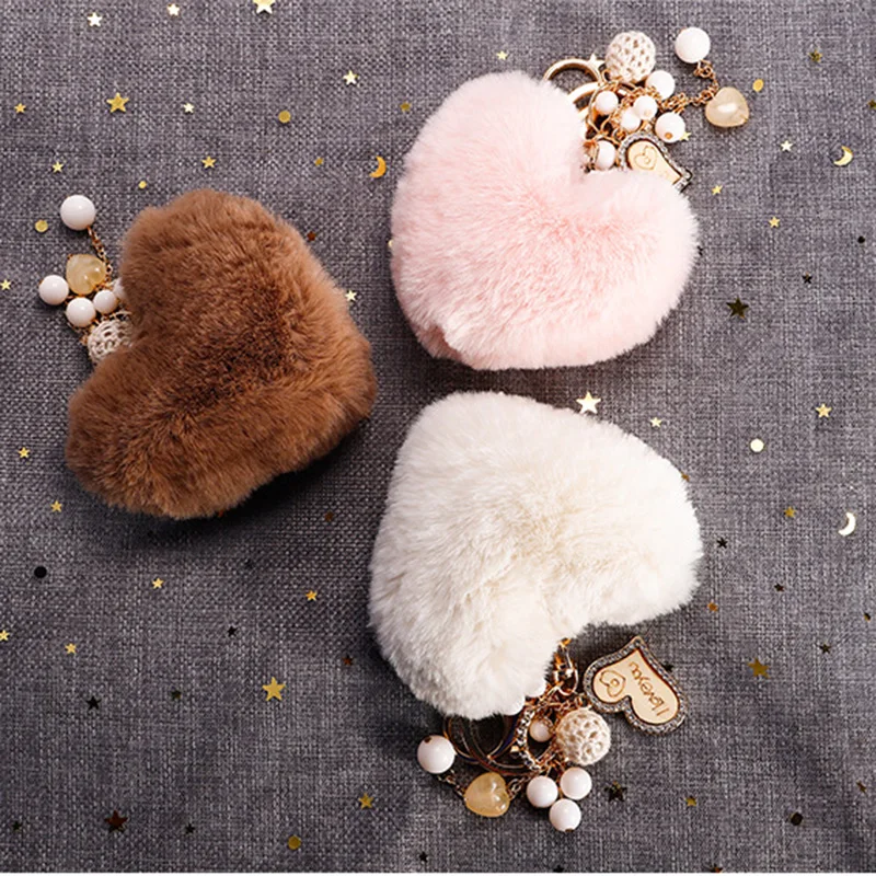 Cute Heart Pompom Keychain Charms Pearl Tassel Fluffy Flush Faux Rabbit Fur Key Chains for Women Girl Heart Bag Charms Pendant images - 6
