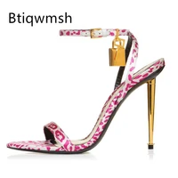 pink leopard gladiator sandals women open toe one belt ankle strap gold lock high heels shoes woman summer runway shoes