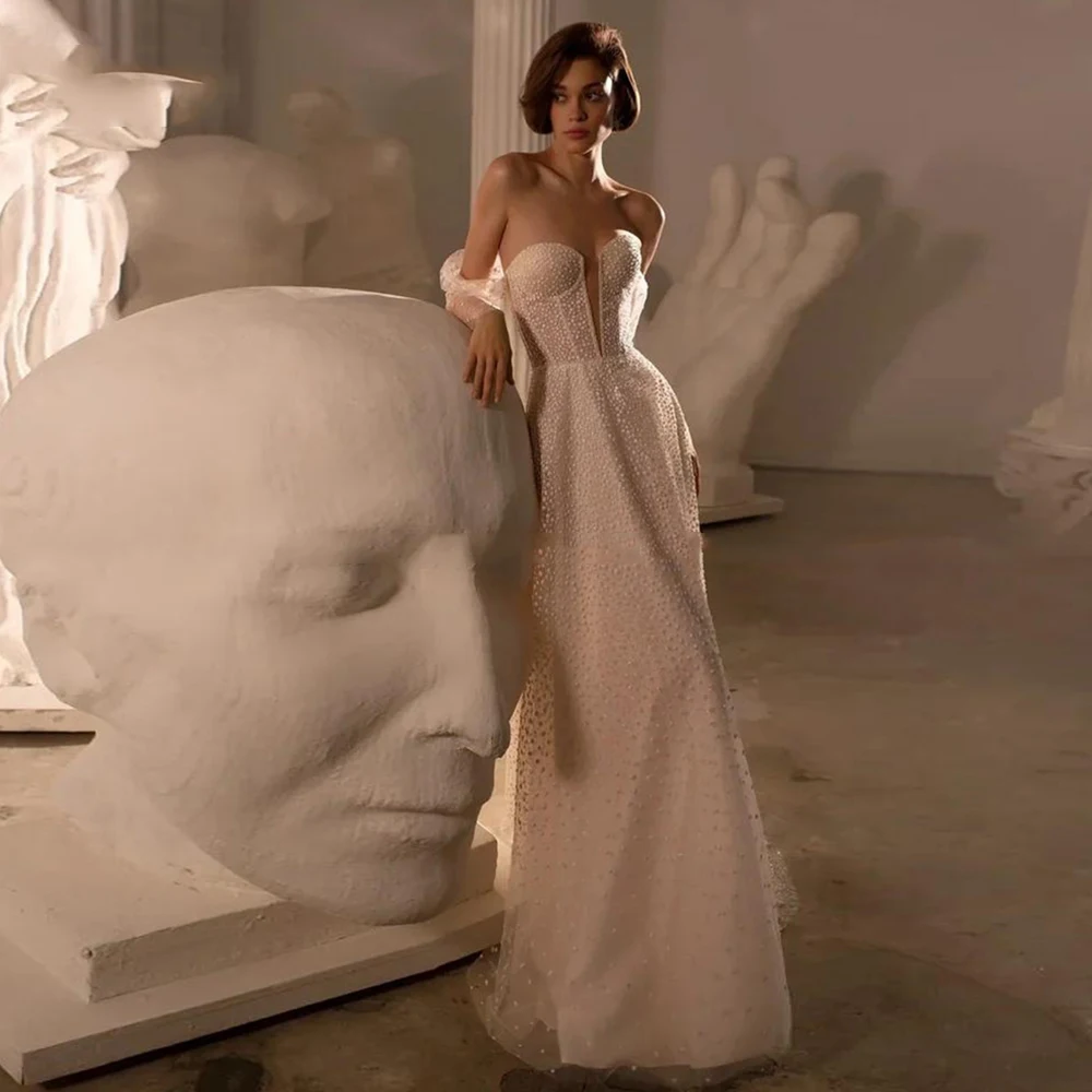 

Elegant Off Shoulder Wedding Dress A-Line Boat Neck Long Sleeve Zipper Back Sweep Train Bridal Gowns 2021 Vestido De Noiva