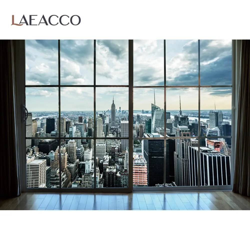 

Laeacco City Living Room Window Interior Cloudy 3D Pattern Scenic Photographic Background Photo Backdrop Photocall Photo Studio