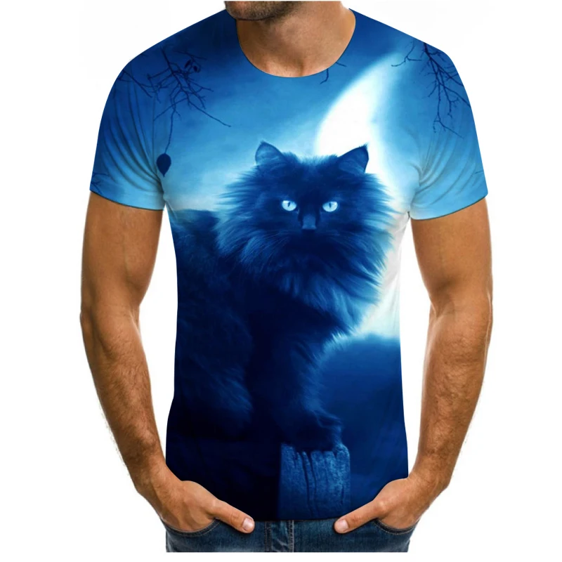 

3D printing men and women all-match outdoor leisure Harajuku solid color T-shirt cute cat loose O-neck short-sleeved trend