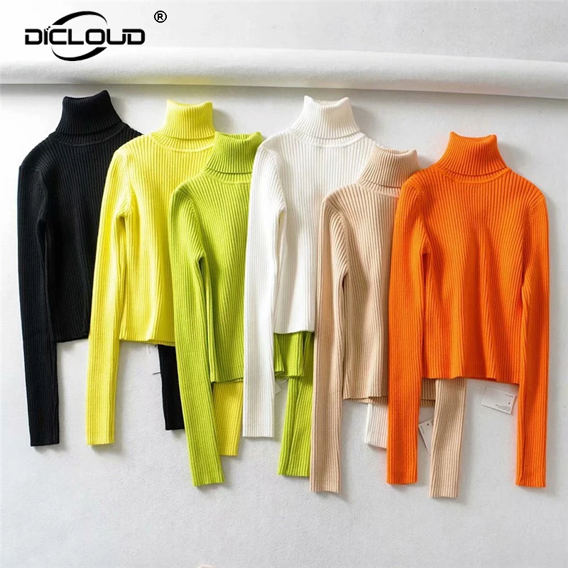 Neon Green Orange Turtleneck Sweater Women Autumn Winter Knitted Crop Tops Pullover Jumper Womens Basic Slim Sweaters Streetwear | Женская