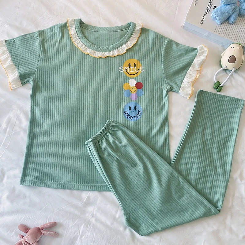 

Summer Pajamas Women's Short-Sleeved Trousers Cotton Loose Flower Green Thin Suit Casual Student Homewear Spring and Autumn