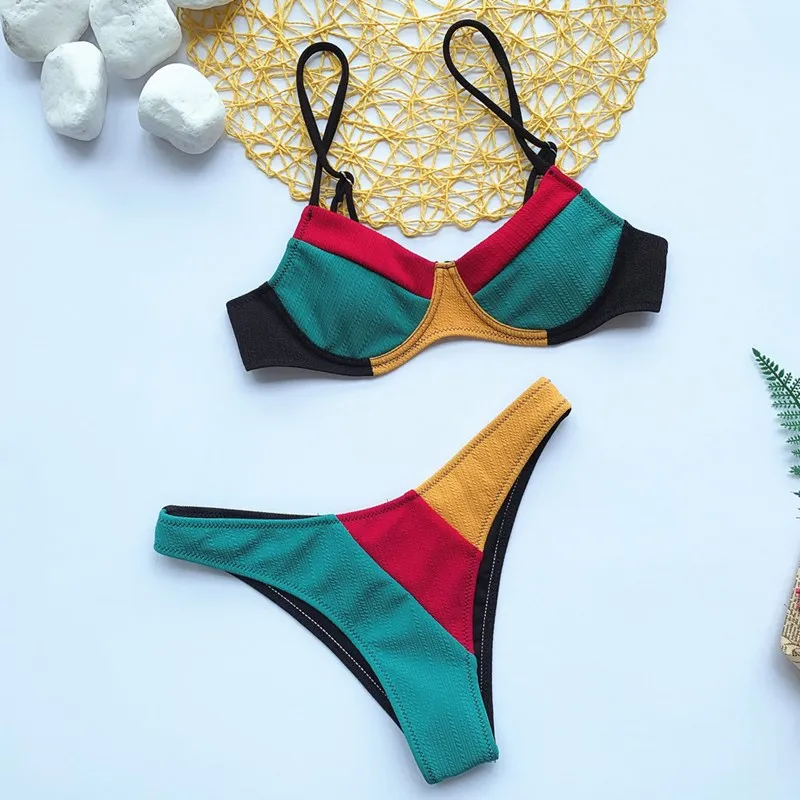 

New Solid Color Stitching Woven Bikini Siamese Swimsuit European American Sexy Split Swimwear Seaside Leisure Holiday Party