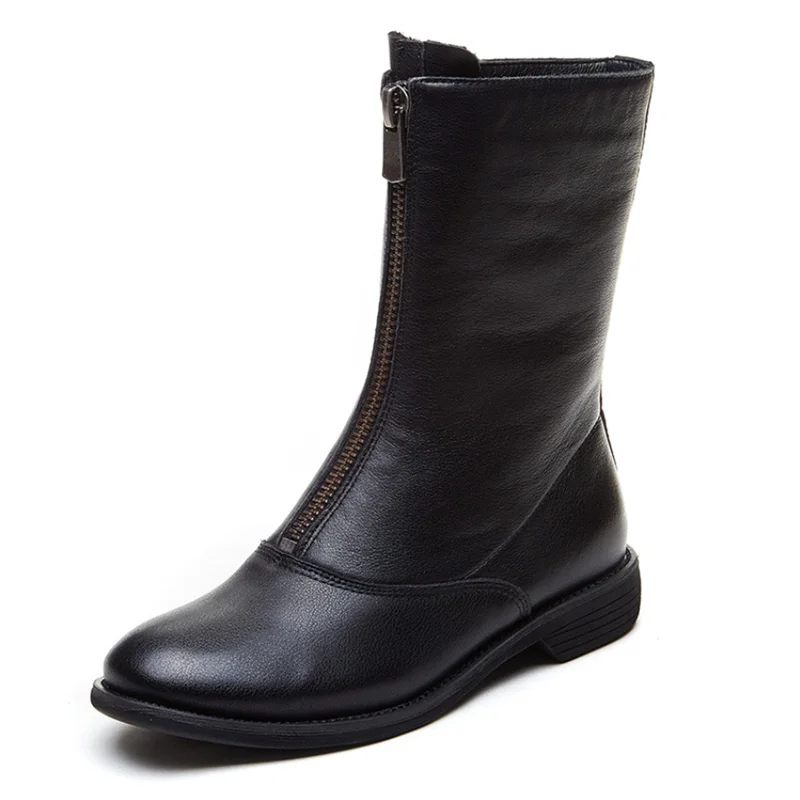 

Martin Boots Female Flat Leather Front Zipper Four Seasons Red Short Boots Simple Versatile British Style Leather Women's Boots