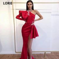 lorie womens evening formal dresses mermaid one shoulder sweep train high split prom dress lace applique ruffles party gowns