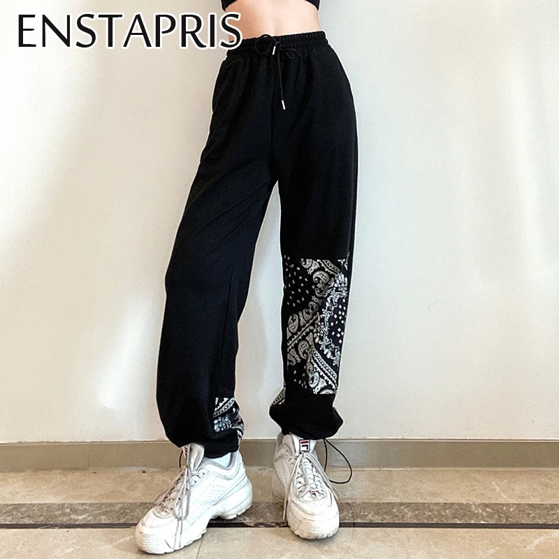 

Брюки спортивные женские, черные, с принтом пейсли, Y2K, с высокой талией, 20s