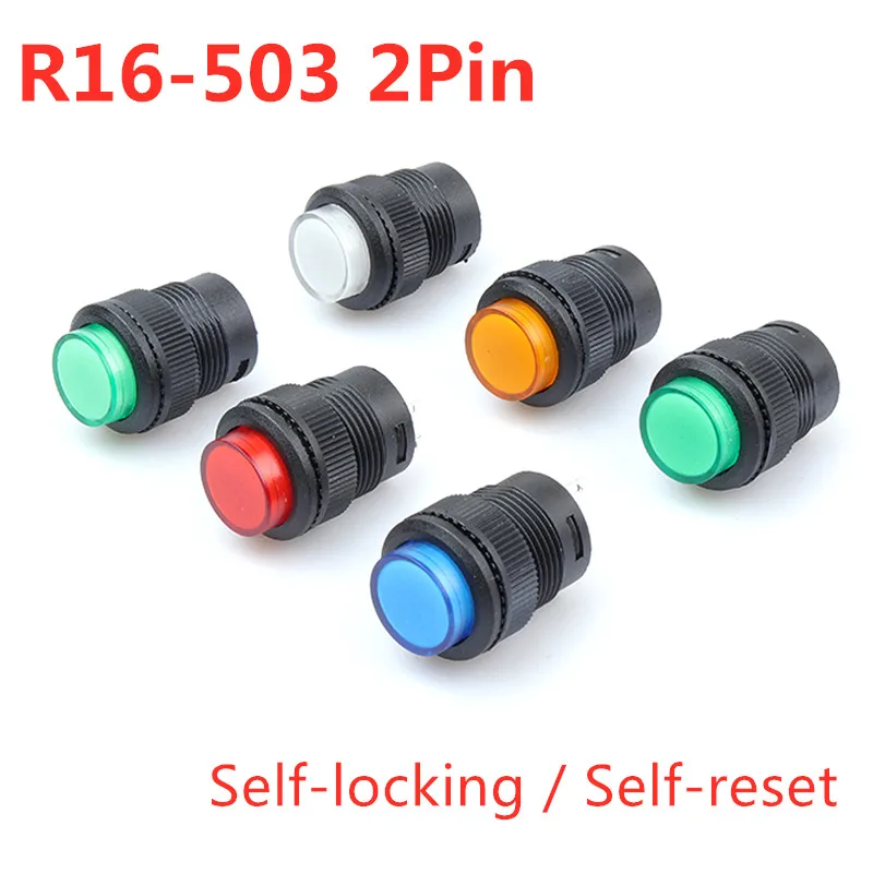 

5Pcs R16-503 Key Button Switch Jog Reset Self-locking Switch Round 2 Pin 16MM without Light