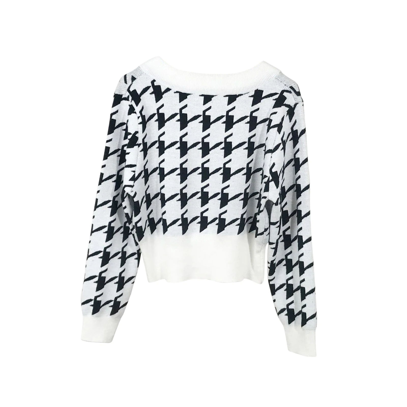 

Women Knitted Sweater Little Fragrant Casual Long-sleeved V-neck Knitwear Autumn Winter Fashion Houndstooth Short Pullover Top