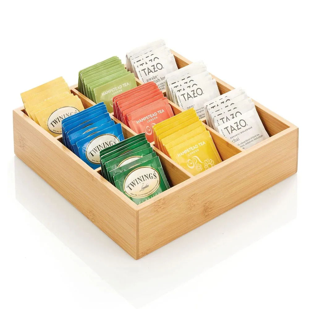 Natural Bamboo Kitchen Pantry Storage Organizer Box - 9 Divided Sections, Open Top, Decorative Holder for Tea Bags,Small Items