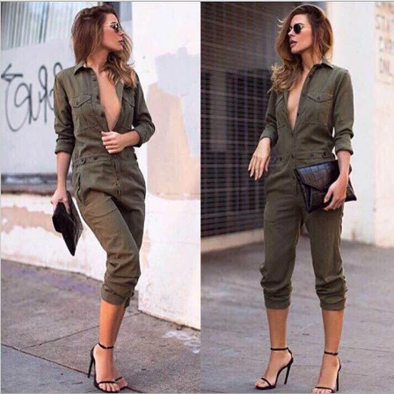 

Sexy Women New Fashion Slim Jumpsuit Long Sleeve Army Green Solid Casual Bodysuit Ladies Vintage Romper Long Jumpsuit