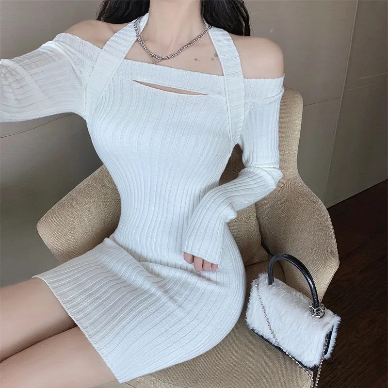 

Bodycon Sexy Elegant Party Mini Dress Ladies Designer Casual Korean Style Dress Women Halter Collar Y2k Dress Autumn Winter 2022