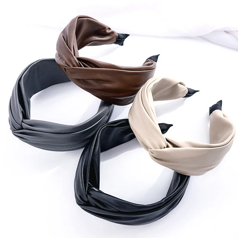

QCOOLJLY Handmade Women Hairband Wide Side PU Leather Headband Solid Color Turban Adult Top Quality Headwear Hair Accessories