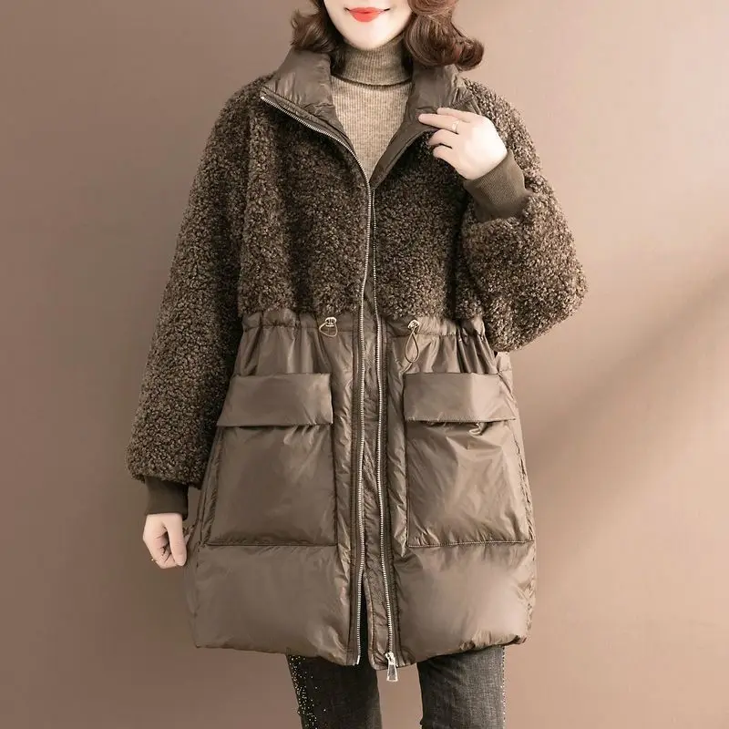 Women's Cotton-Padded Clothes Mid-Length Winter New Fashion Stitching Lamb Wool Cotton Coat Loose plus Size Keep Warm