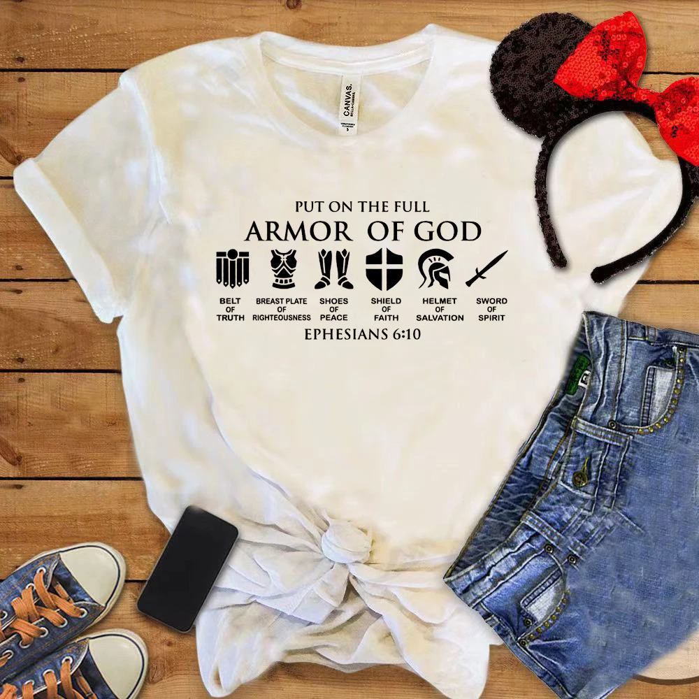 

Hot Sale Put on The Full Armor of God Shirt Women Ephesians Vacation T-shirt Christian Gift Shield Printing Unisex Holiday Tops