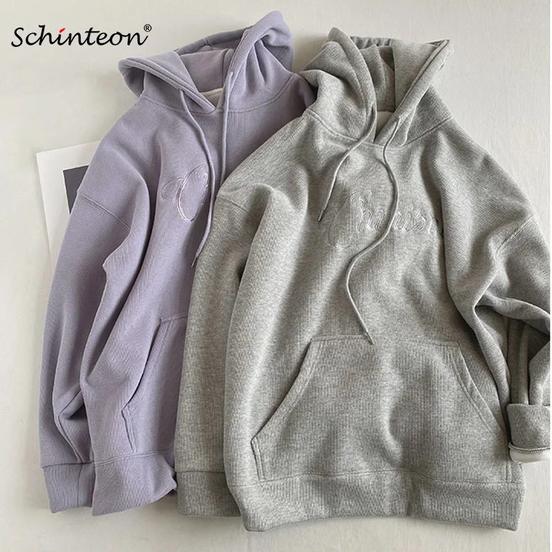 

2022 Schinteon Casual Simple Hoodies Letter Embroidery Over Size Sweatshirt with Hood Loose BF Style Warm Top Outwear Pockets