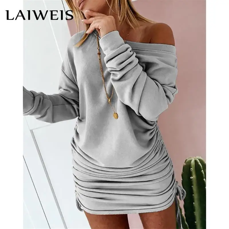 

LAIWEIS Sexy Women Pencil Dress Shrinkage Drawstring Design O-Neck Long Sleeve Mid Waist Solid Color Slim Pullovers Mini Dress