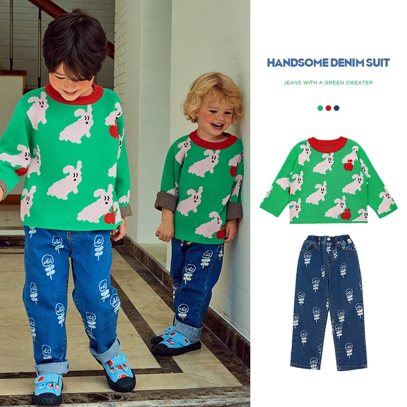 

Kids Winter Clothes Boys Sweaters Jeans Set For New Borns Printed Knit Outerwear Girls' Sweaters Coats Children Clothings