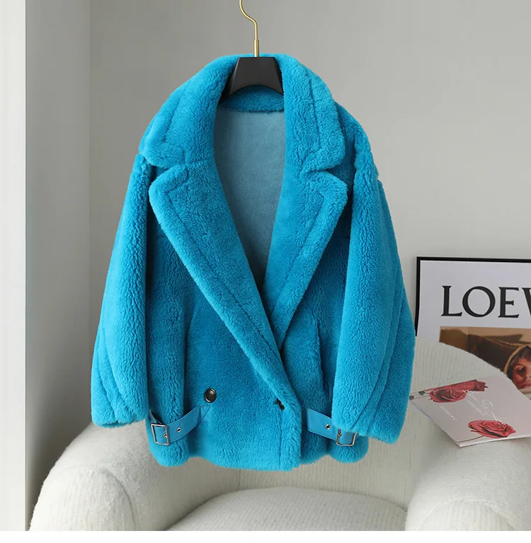 Luxury Streetwear Natural Real Sheepskin Fur Coat Women Warm Female Woolen Coat with Belt Thick Jackets Outerwear Pockets