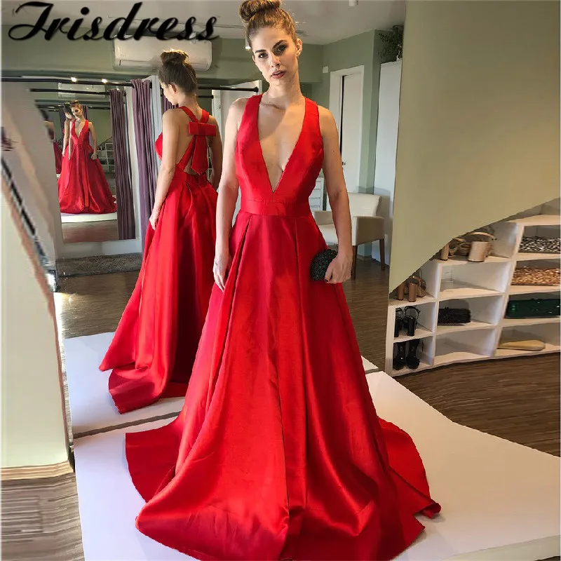 

Red Satin Long Prom Dresses 2020 Sexy Criss-Cross Dress Woman Party Night With Pocket Formal Sweep Train vestidos de gala