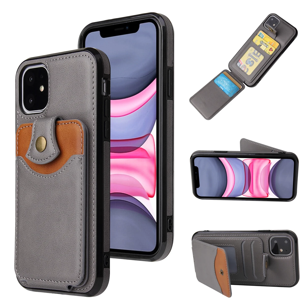 Серый Ретро из искусственной кожи чехол для IPhone 11 Pro X Xr XS Max 6 7 8 Plus слот для карт чехол держатель для Note 10 Pro huawei P30 Pro задняя крышка - Цвет: Серый