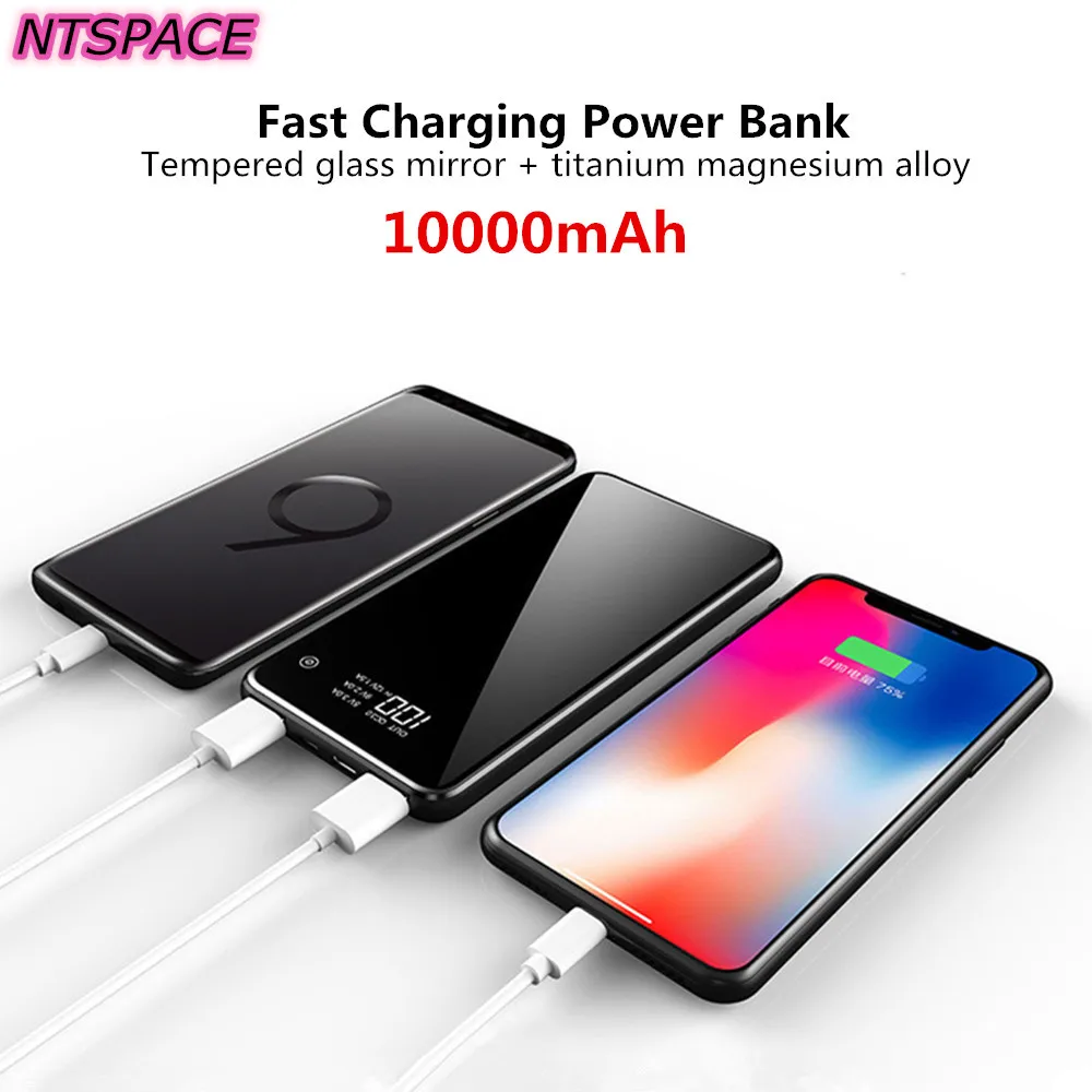 Цифровой дисплей внешний аккумулятор 10000mAh Зеркало Дополнительный для iPhone Xiaomi