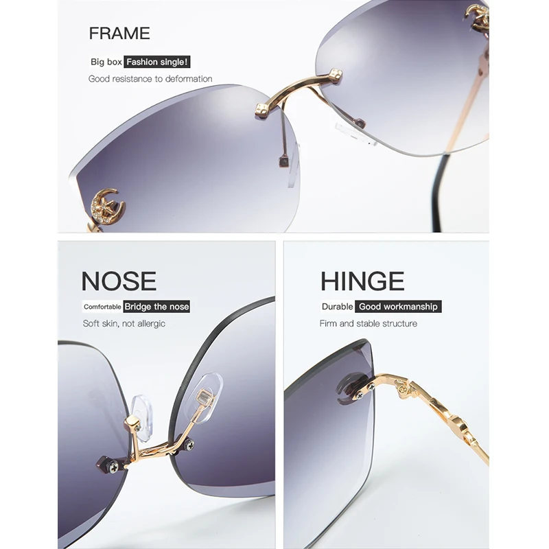 

2020 luxury Vintage women Cat eye sunglasses Fashion Rimless Metal frame ladies sun glasses Gradient lens Shades UV400