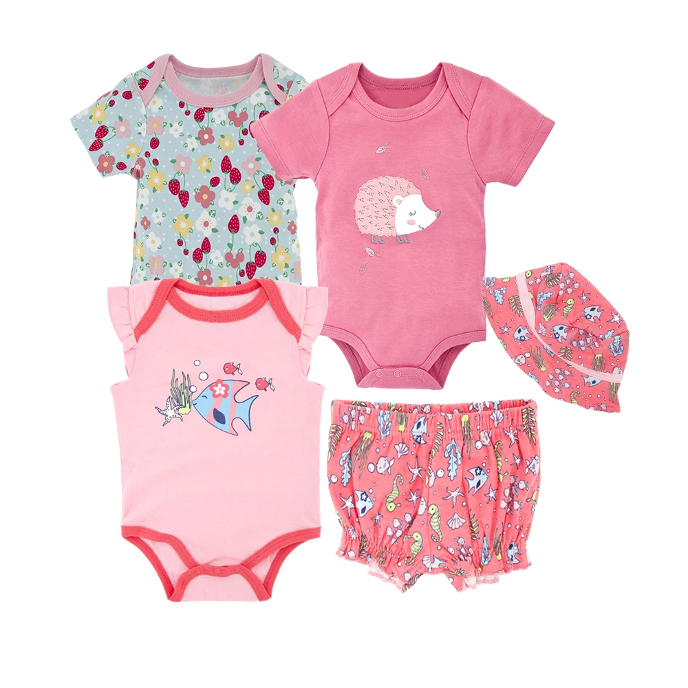

Cute Baby Girls Coveralls Floral Summer Cotton Outfits Short Sleeve Flower Bodysuit Pullover Jumpsuit 5Pcs Toddler Clothes 0-12M