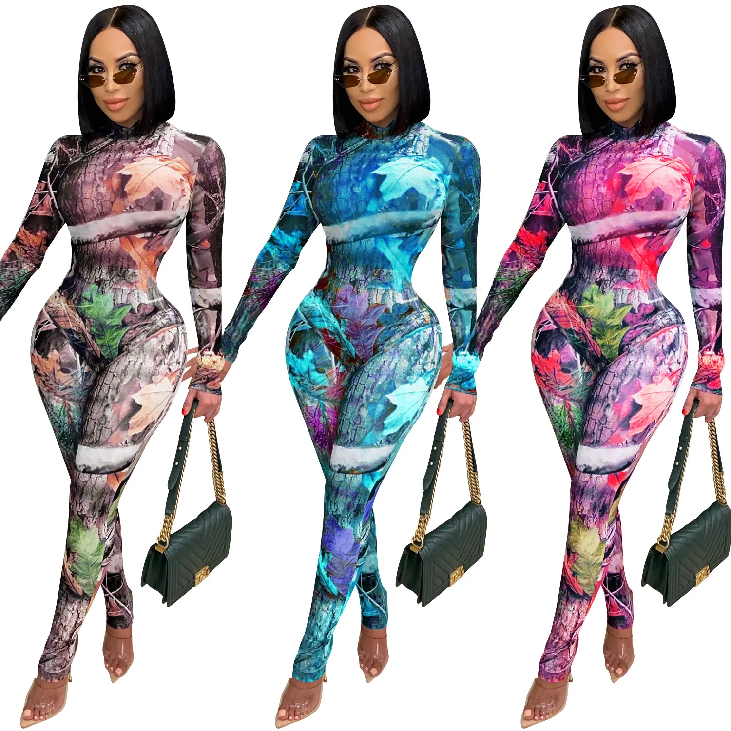 

Cutubly Long Sleeve Women Set Outfits Autumn New Print 2 Two Piece Set Turtleneck Bodysuit Top Long Pencil Pants Set Tracksuit