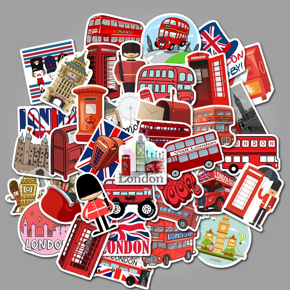 

50pcs London Red Bus Phone Booth Cartoon Series Pattern Waterproof Stickers